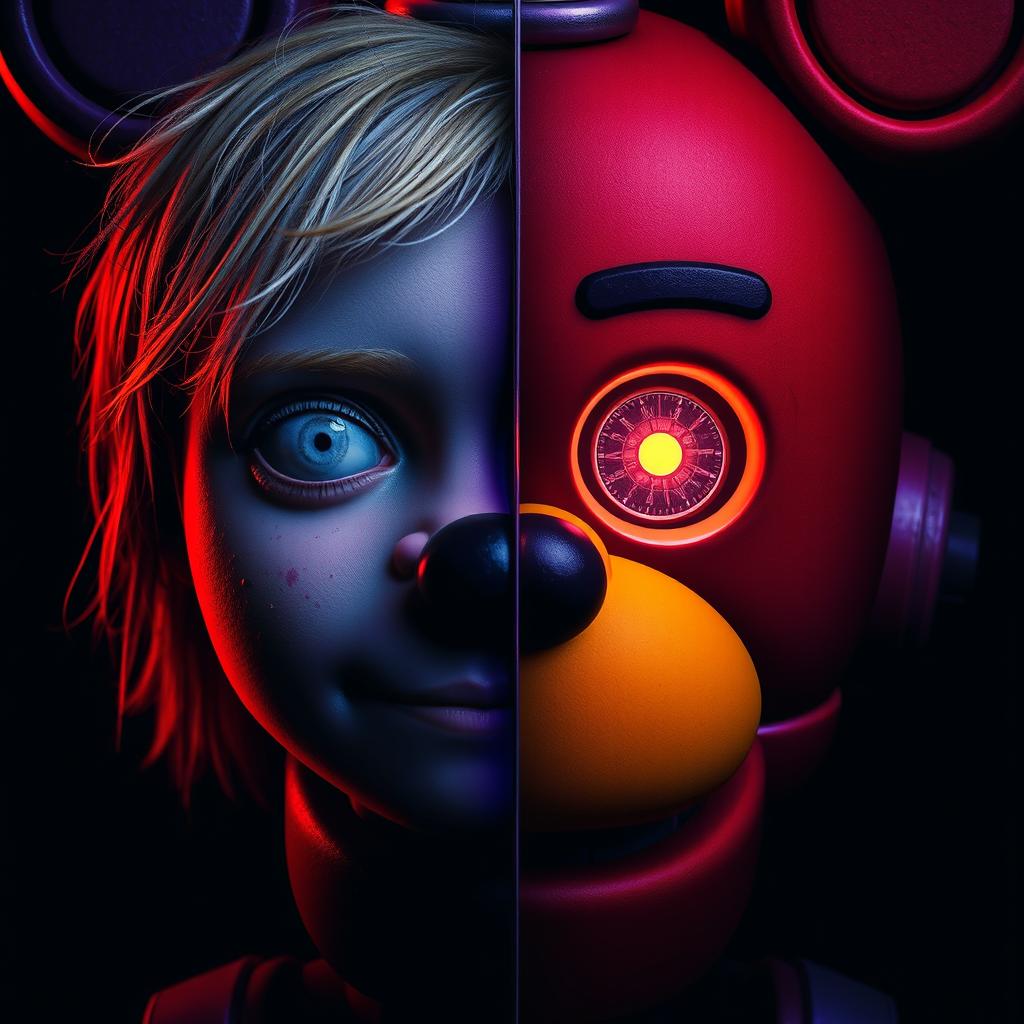 A striking artistic composition featuring half of a robot's face from Five Nights at Freddy's, specifically Sundrop, rendered in purple and dark orange hues