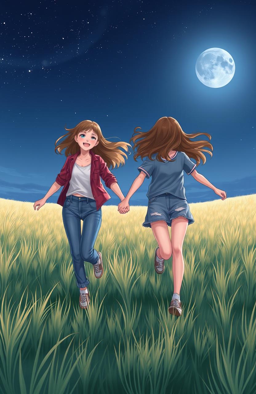 A realistic scene depicting two teenage girls holding hands, joyfully running away into a vast, open field under a starlit night sky