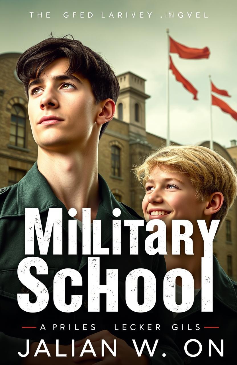 A captivating book cover for a gay fiction novel set in a military school, showcasing two young men with strong, determined expressions