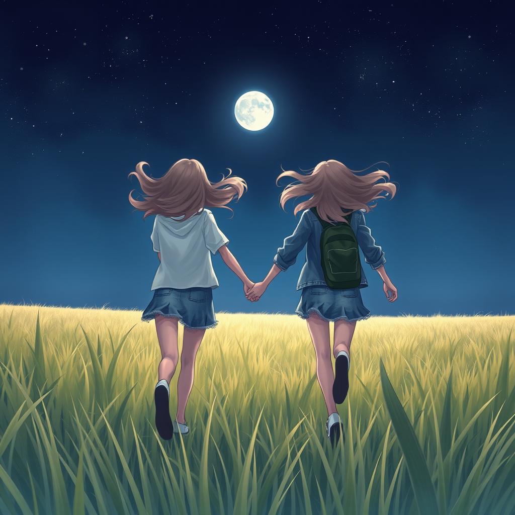 A realistic scene showcasing two teenage girls holding hands and running away into a vast, open field at night, facing away from the viewer
