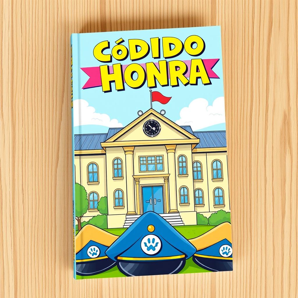 A vibrant and playful book cover for a gay fiction novel titled "Código de Honra" set in a military school
