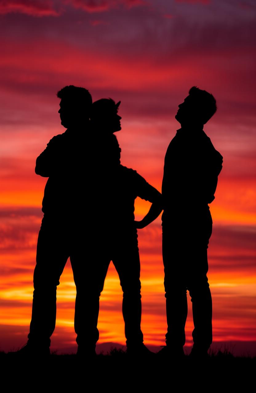 Silhouettes of three men standing against a vibrant sunset background, showcasing their distinct postures and outlines