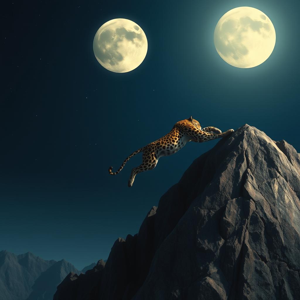 A realistic image of a leopard mid-jump from a high rock cliff, showcasing its powerful muscles and graceful form in action