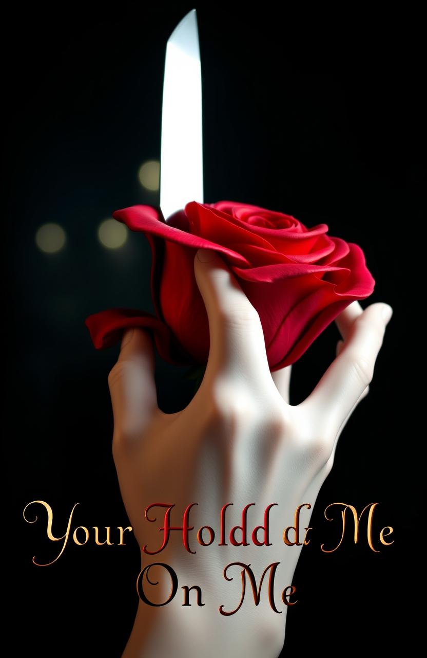 A dark and ominous scene illuminated with foreboding lighting in the background, featuring a beautifully sculpted porcelain hand delicately holding a vibrant red rose