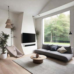 A cozy living room featuring a unique V-shaped sofa swing and a modern TV set