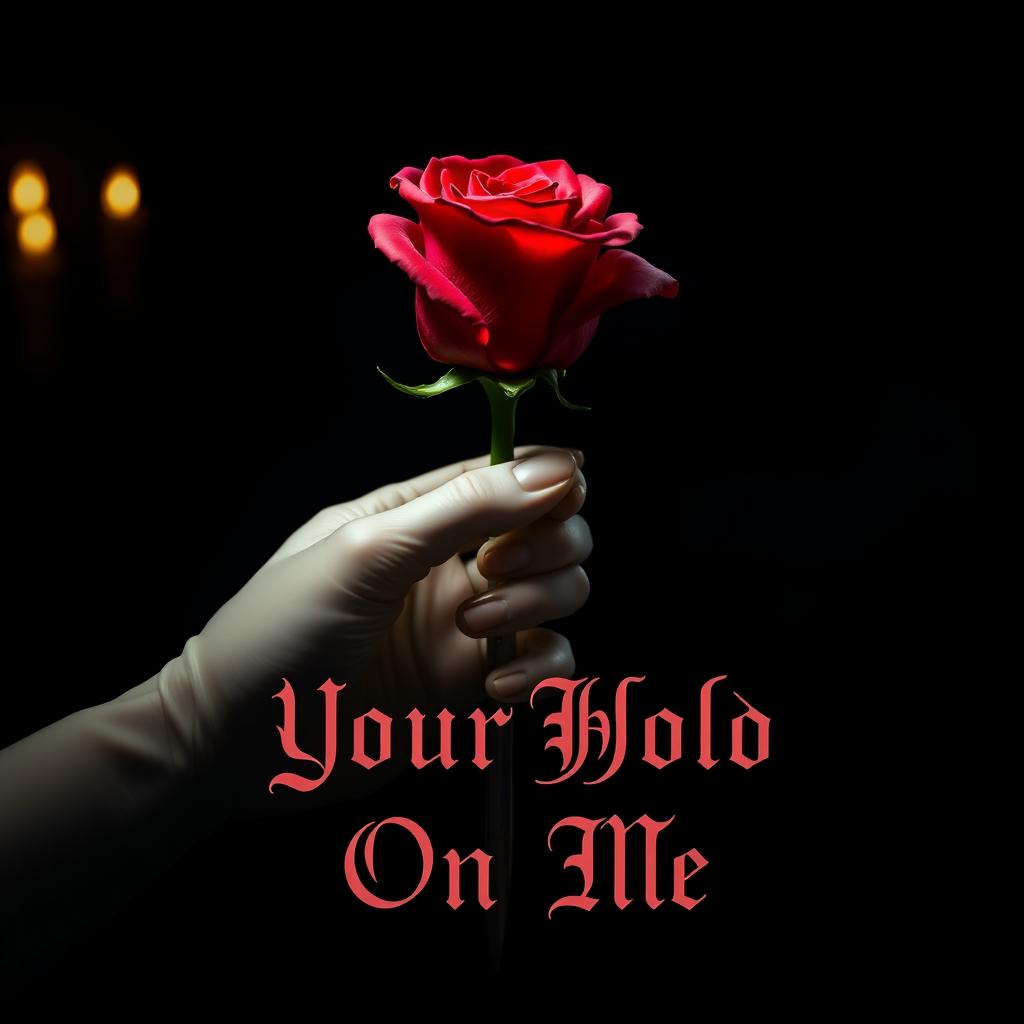 A dark and ominous scene illuminated with foreboding lighting in the background, featuring a beautifully sculpted porcelain hand delicately holding a vibrant red rose