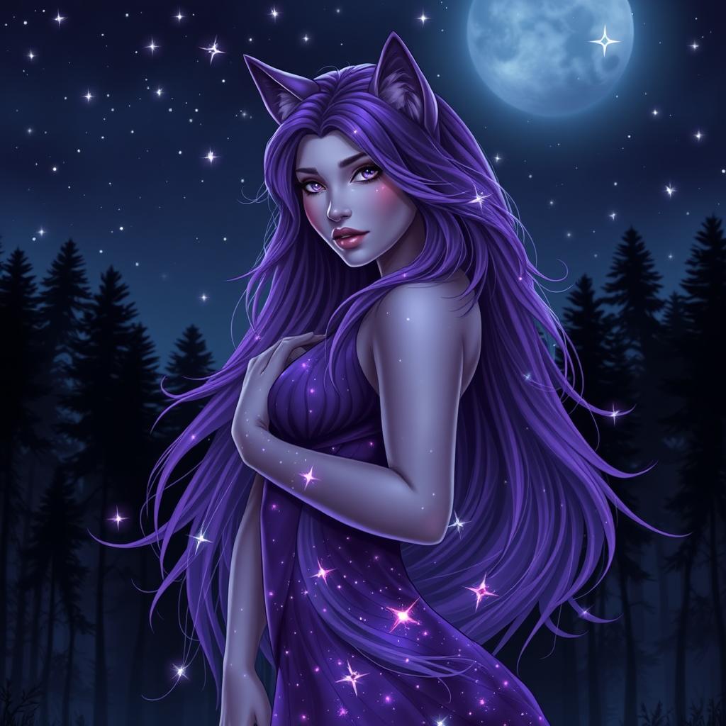 A stunning and beautiful female werewolf with elegant features and flowing purple fur that sparkles like stars against a night sky