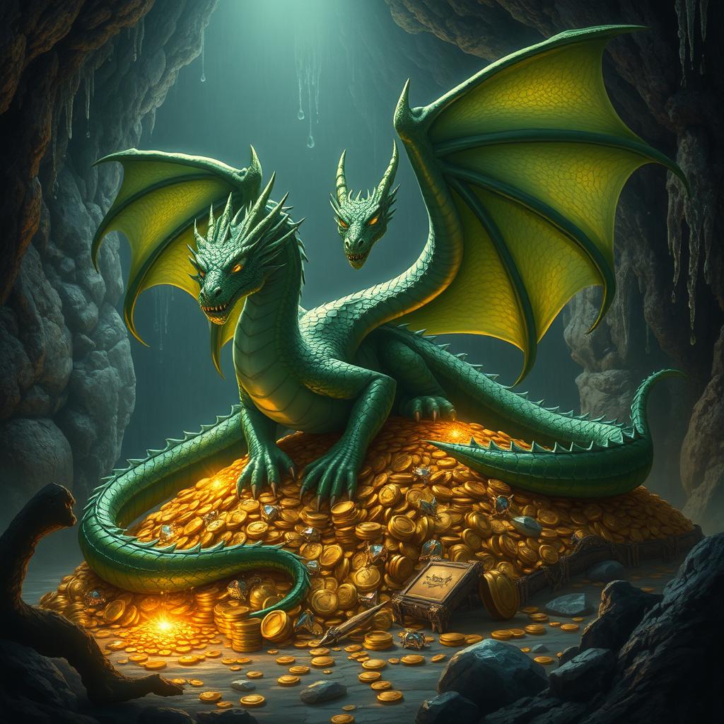 An ancient green dragon with shimmering scales, large wings folded majestically, sits atop a large pile of gold and jewels inside a dimly lit cave