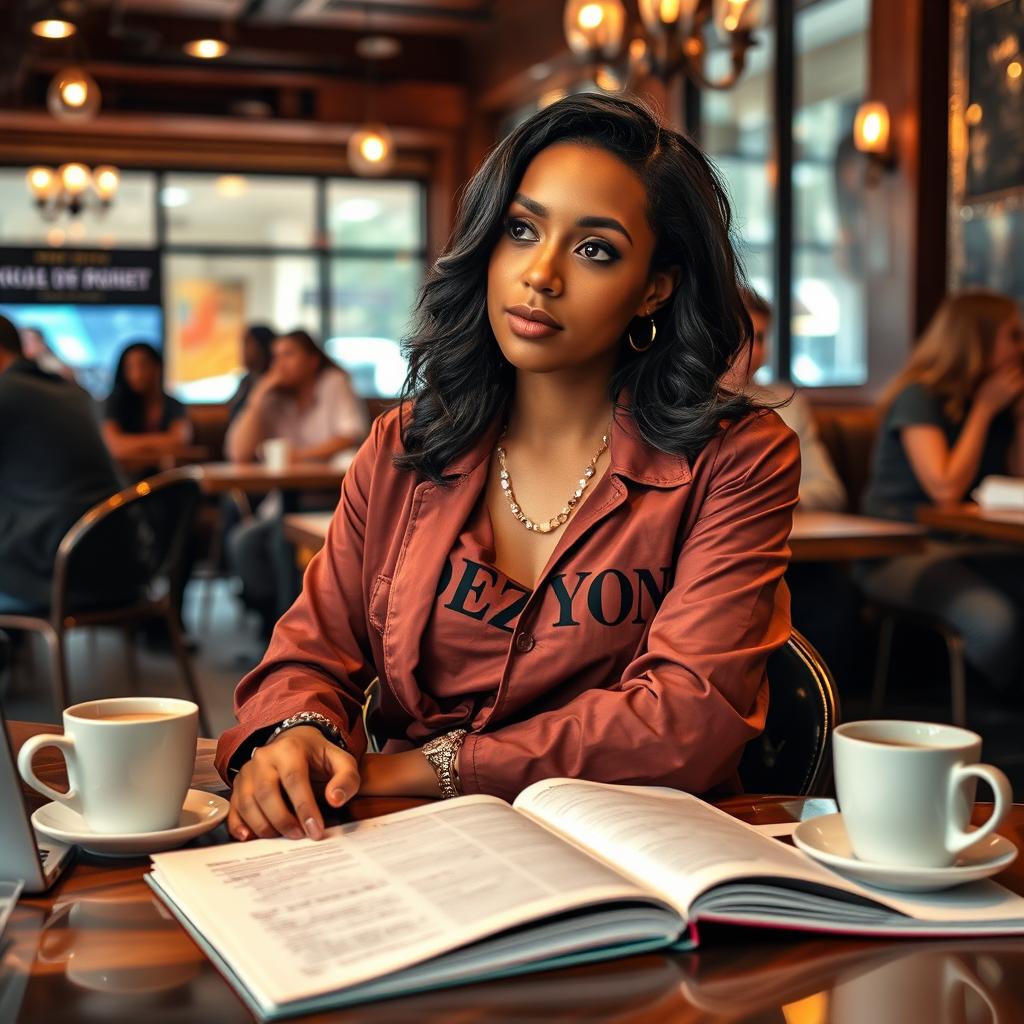 A talented writer and screenwriter sitting at a bustling café, brainstorming ideas