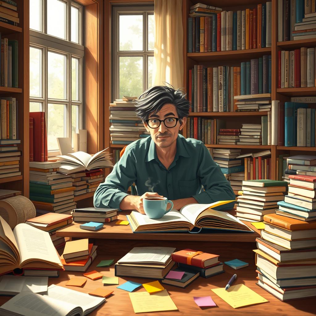 A cozy scene featuring a writer immersed in creativity, surrounded by an abundance of books and scattered notes