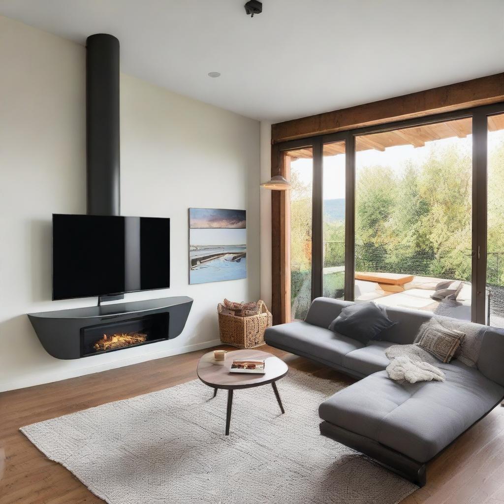 A cozy living room featuring a unique V-shaped sofa swing and a modern TV set