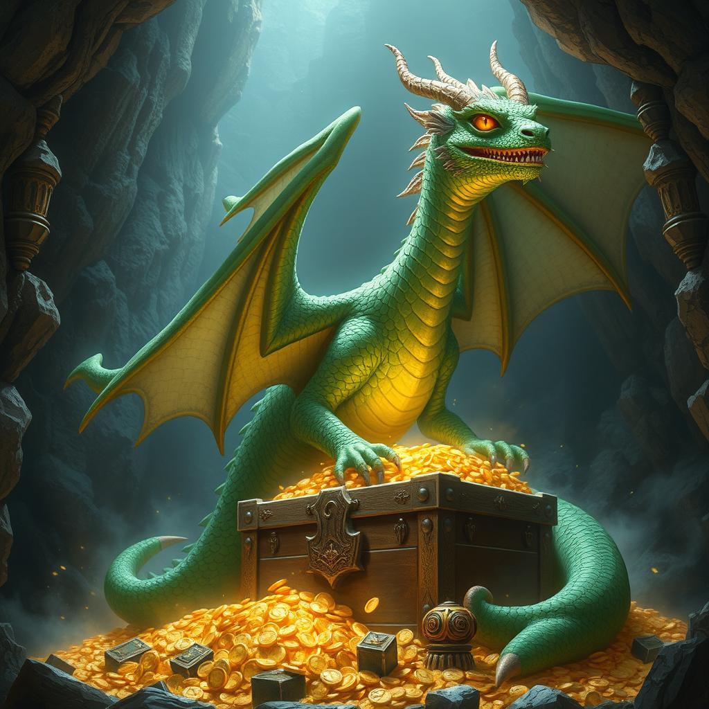 An ancient green dragon with shimmering scales and intricate details, perched majestically atop a vast treasure trove in a cavernous cave
