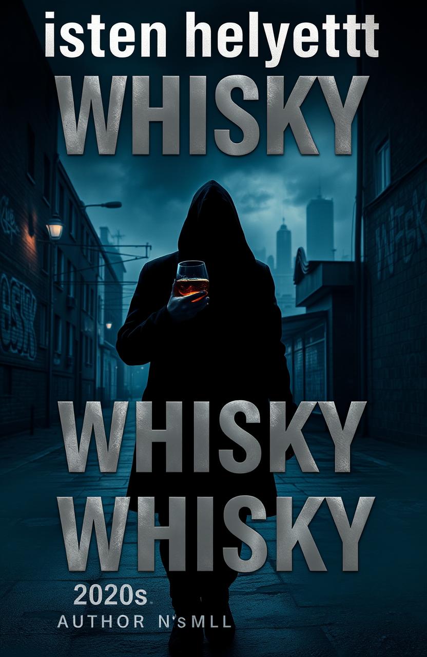 A moody, atmospheric book cover design for 'Isten helyett Whisky', depicting a dark and nihilistic urban landscape from the 2020s