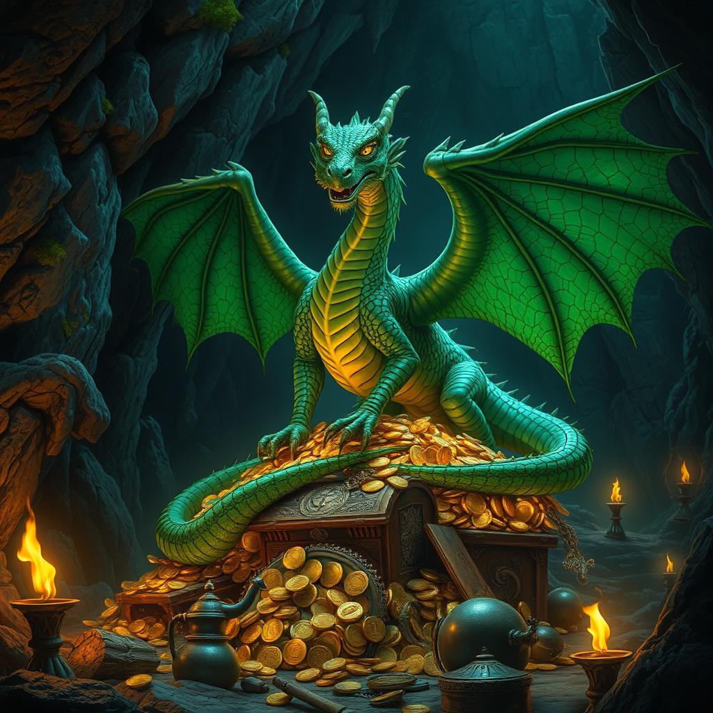 An ancient green dragon perched majestically atop an abundant treasure trove in a dark, mysterious cave