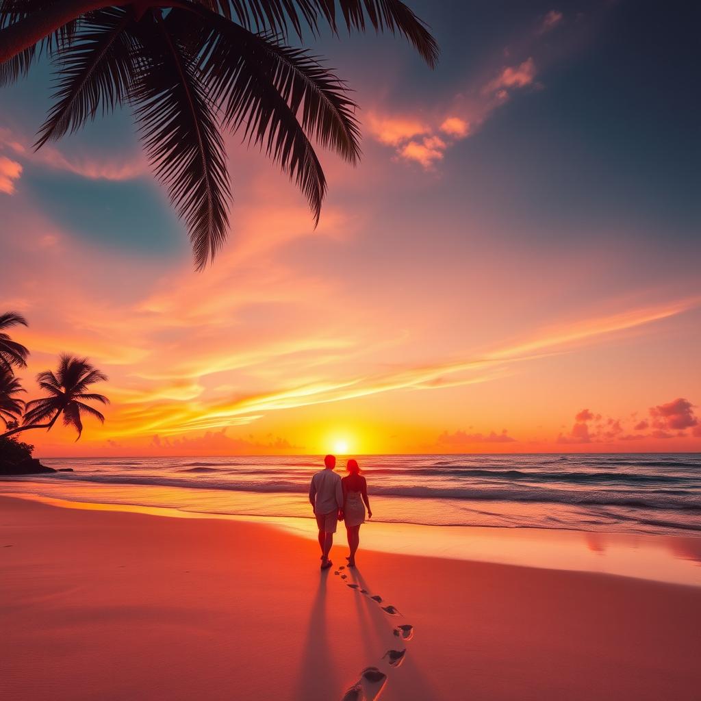 A stunning sunset over a tropical beach, featuring vibrant orange and pink hues blending in the sky