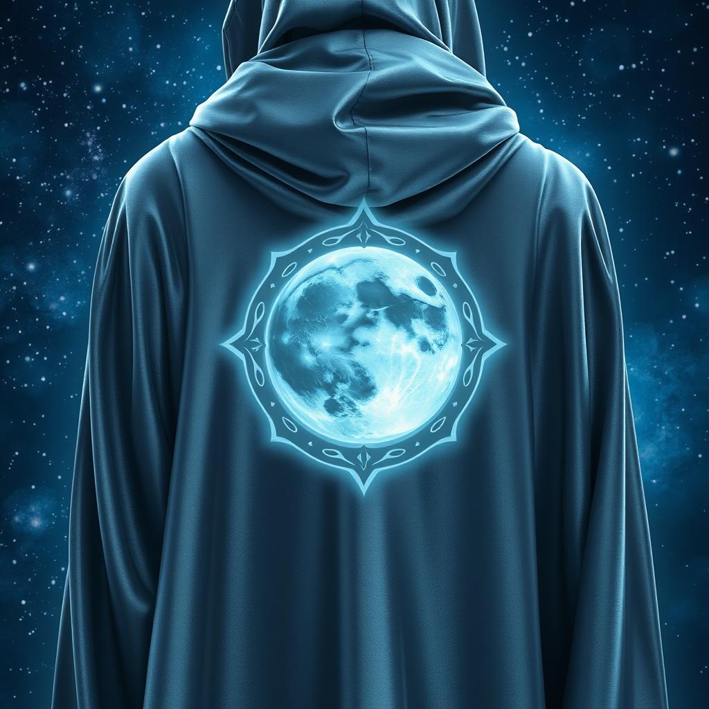 A stunning silvery cloak adorned with a glowing symbol of the moon, intricately detailed and shimmering in the light