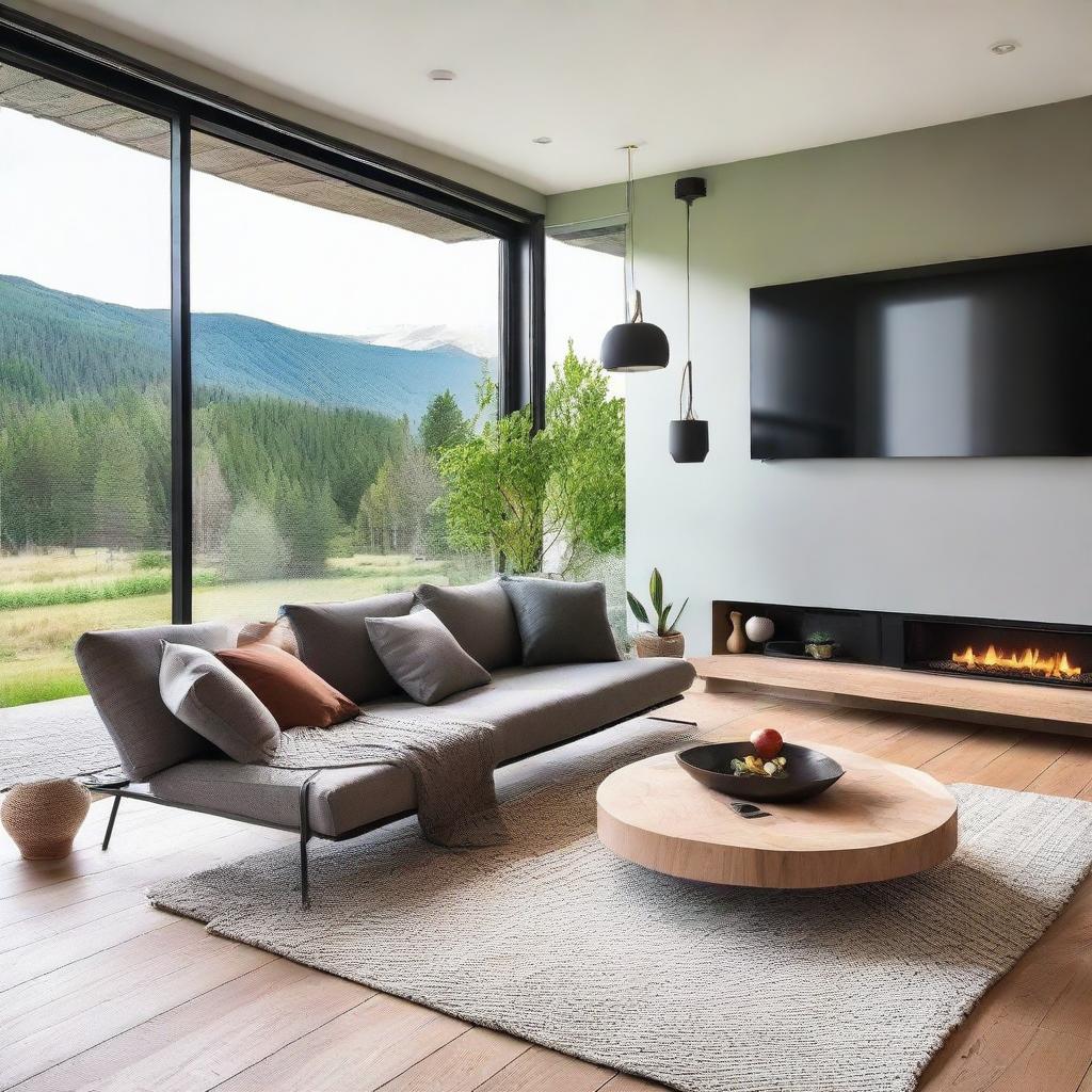 A cozy living room featuring a unique V-shaped sofa swing and a modern TV set