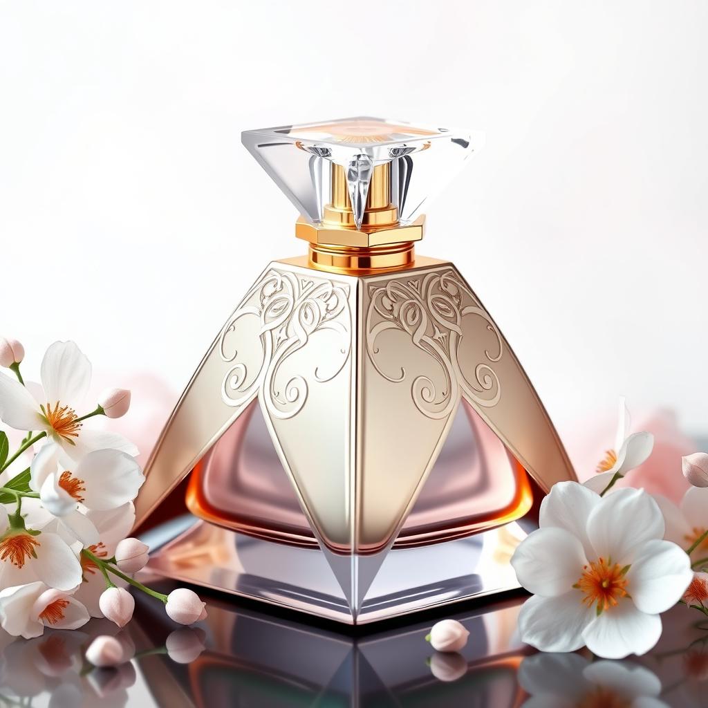 A beautiful and elegant triangular pyramid cap for a perfume bottle, designed with intricate patterns and a glossy finish
