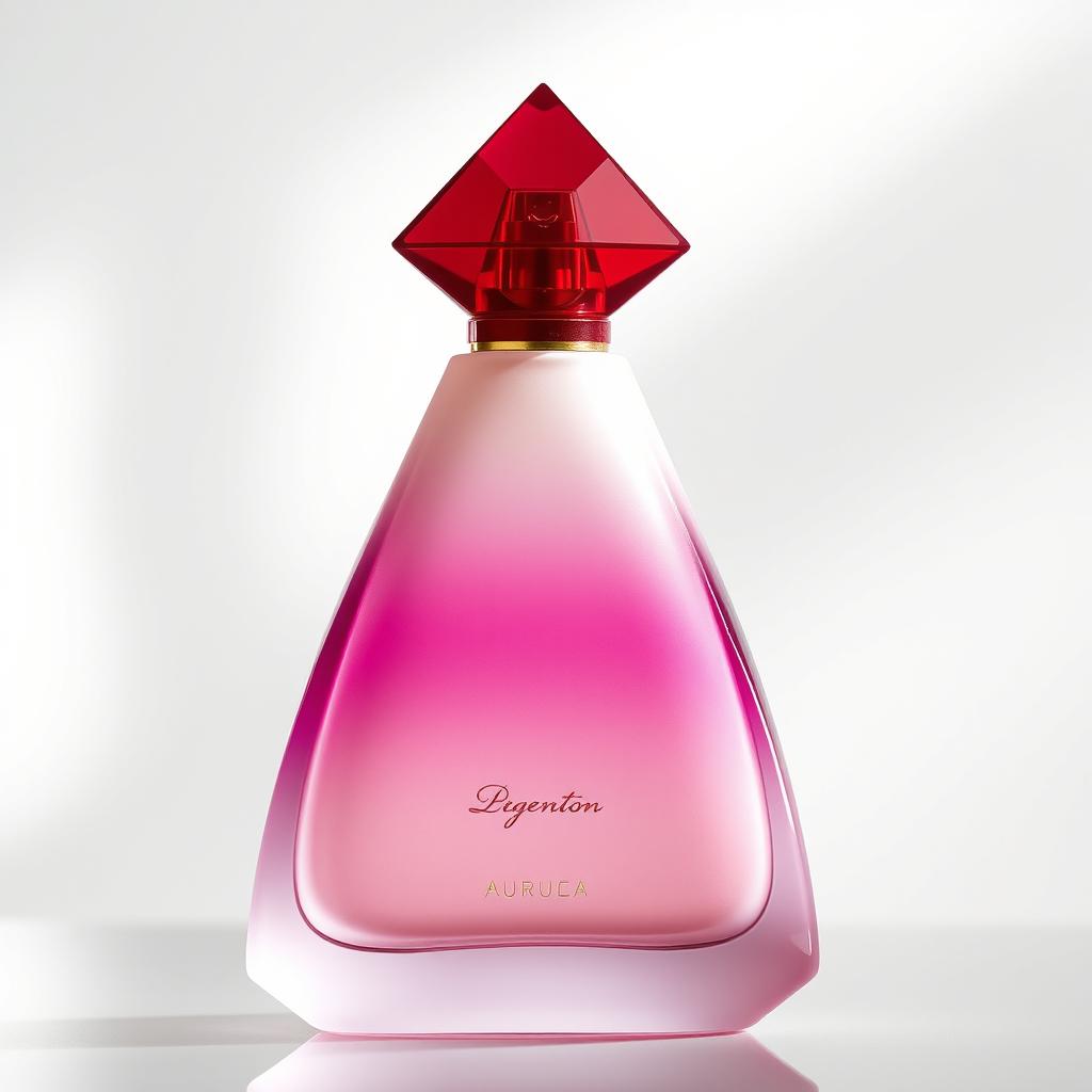 A stylish perfume bottle with a unique aesthetic, featuring a triangular pyramid-shaped red cap
