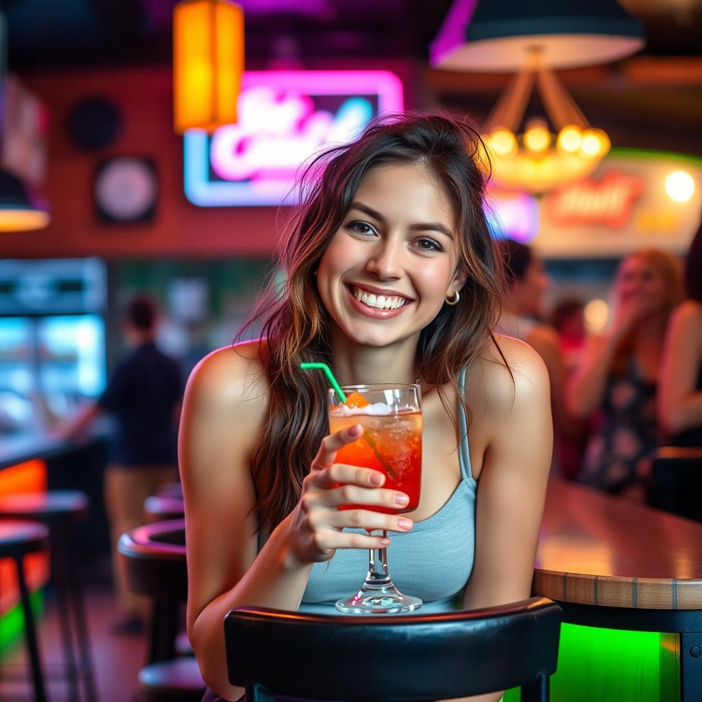 A young woman sitting on a barstool, her hair slightly disheveled and a playful smile on her face as she holds a cocktail glass with a colorful drink, her cheeks flushed