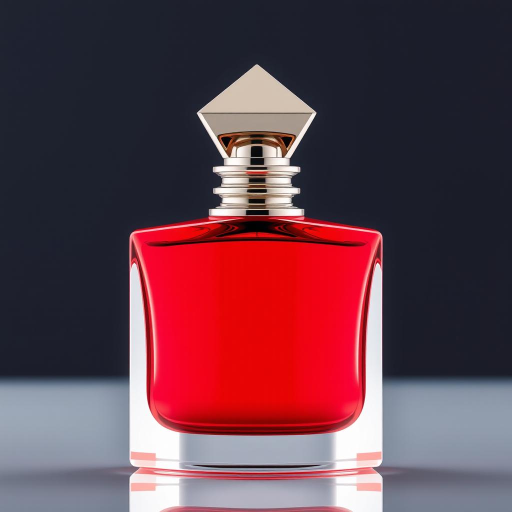 A beautifully designed red perfume bottle featuring an inverted pyramid-shaped cap