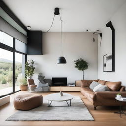 A cozy living room featuring a unique V-shaped sofa swing and a modern TV set