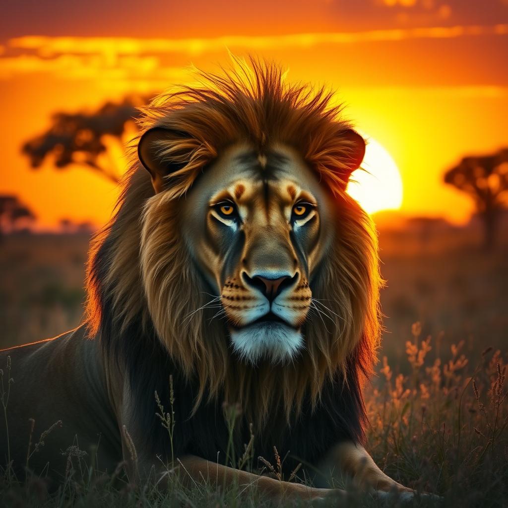 A majestic lion basking in the golden glow of a sunset, its mane shimmering in the warm light, with a vibrant savannah backdrop featuring acacia trees and tall grass