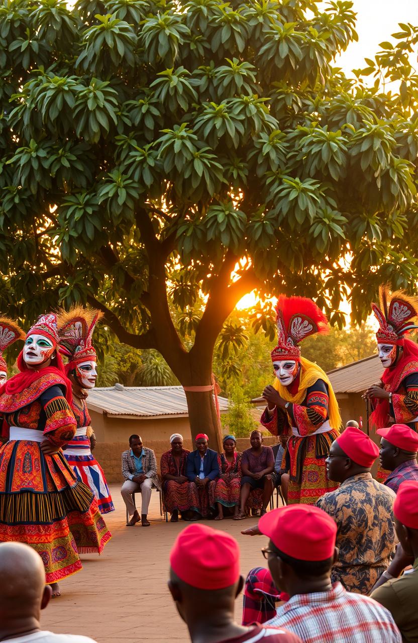 A traditional Igbo masquerade performing vibrantly in a village square, dressed in colorful, intricate costumes with bright patterns, masks showcasing unique designs