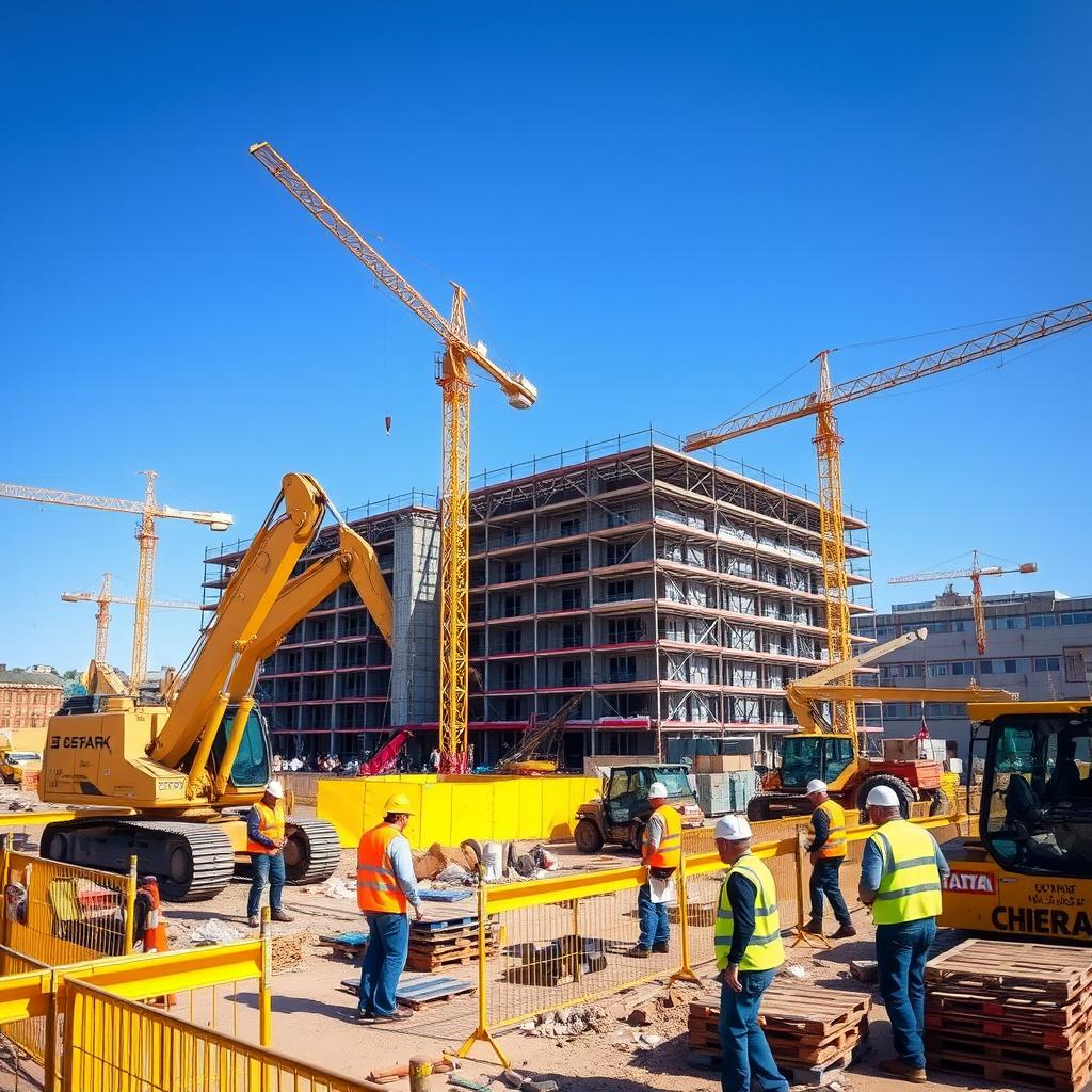A vibrant construction site bustling with activity