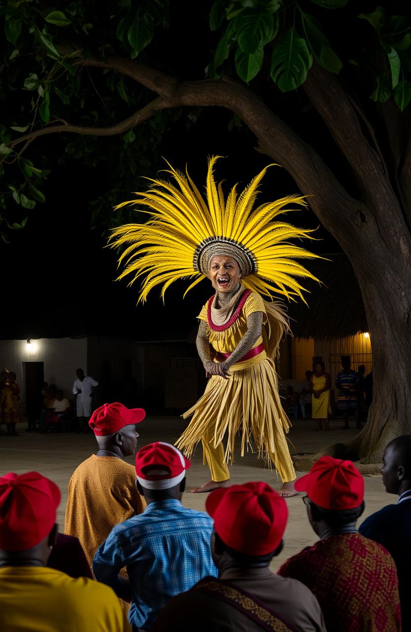 A traditional Igbo masquerade made from vibrant yellow palm fronds, performing energetically in a lively village square at night