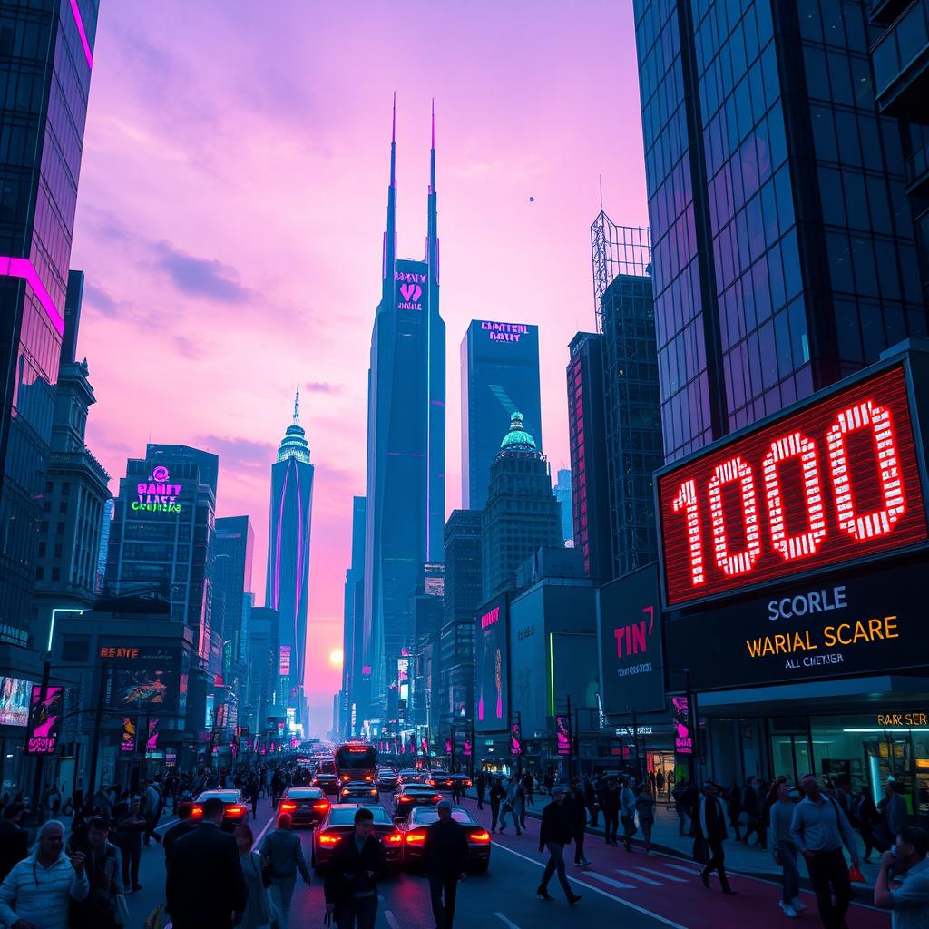 A mesmerizing futuristic city skyline at dusk, with towering skyscrapers made of glass and steel, adorned with neon lights in vibrant hues of blue, pink, and green
