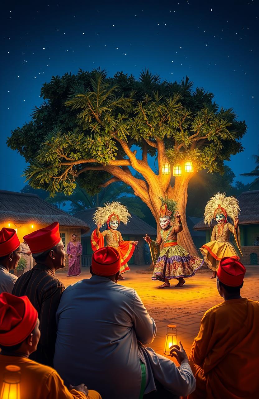 A vibrant scene depicting a traditional Igbo masquerade performing in a village square
