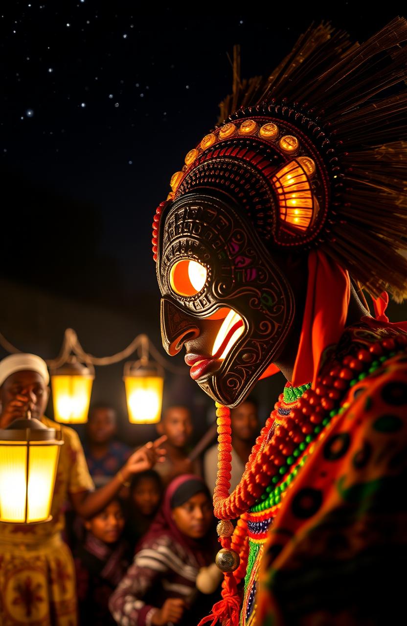 A dramatic close-up of a traditional Igbo masquerade, adorned in vibrant colors and intricate patterns, performing in a dimly lit village square at night