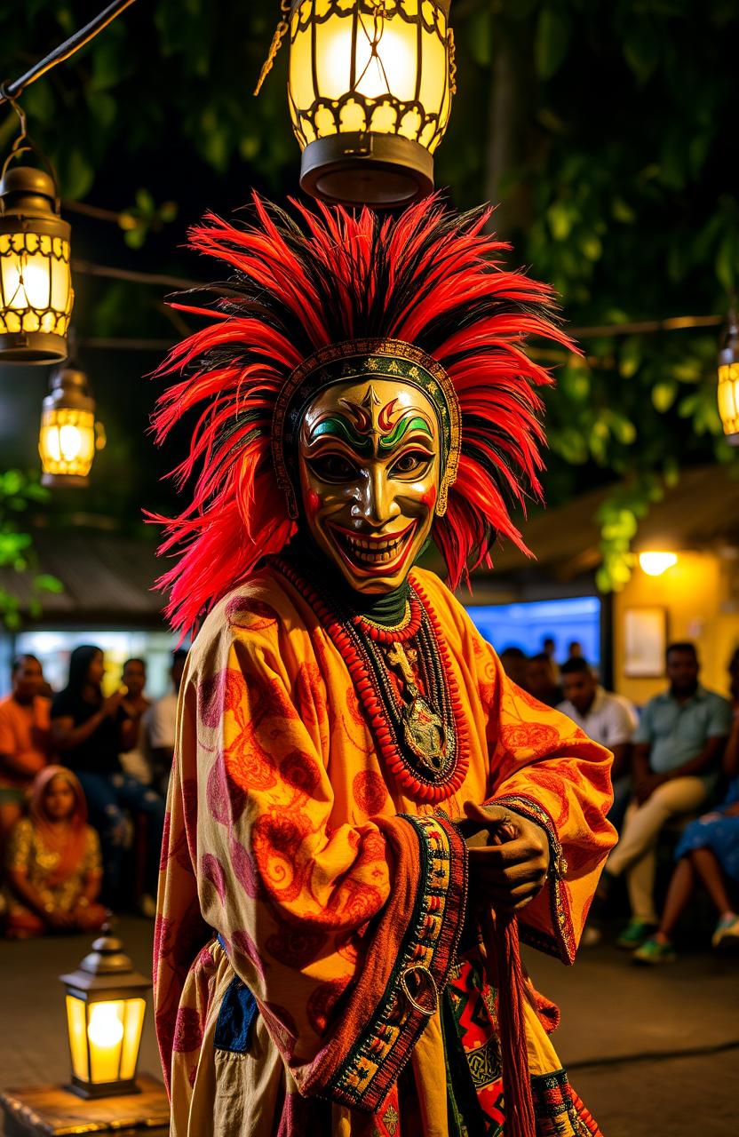 A traditional Igbo masquerade performing in a village square at night, showcasing the vibrant colors and intricate designs of the masquerade costume