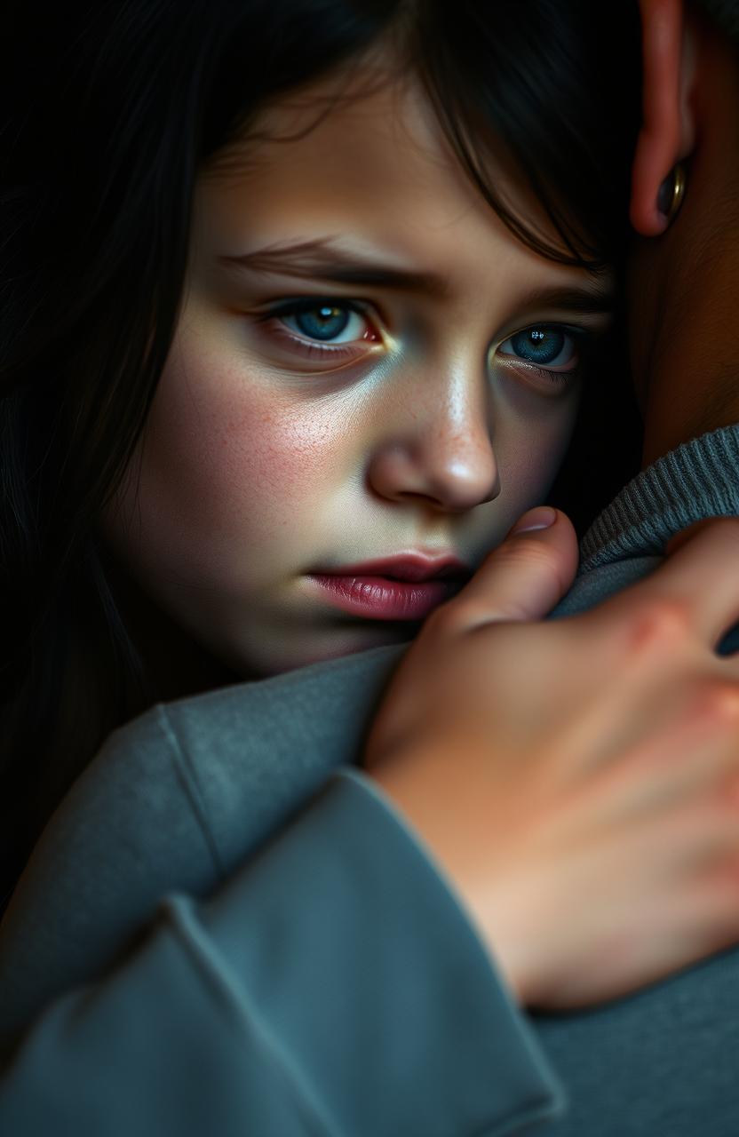 A sad girl with jet black hair and striking blue eyes, gently crying