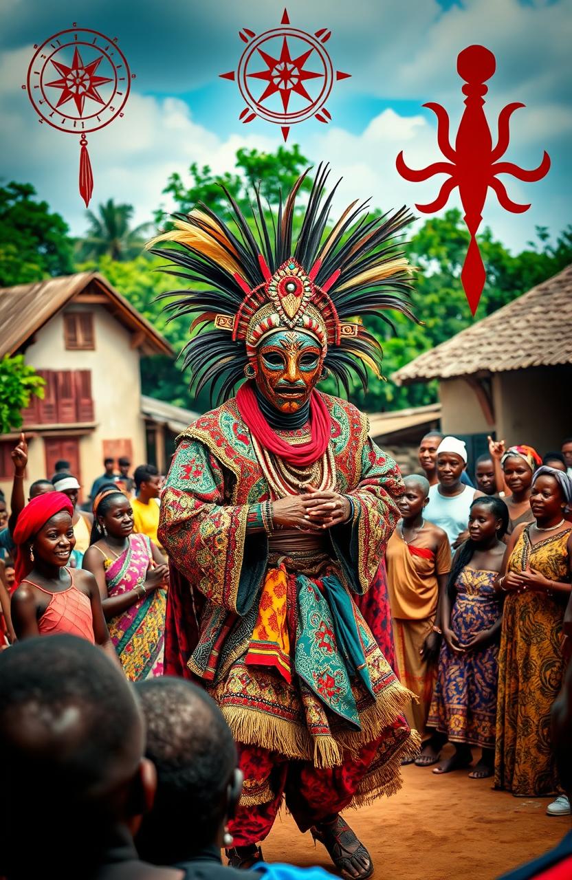 A captivating scene of a traditional Igbo masquerade performing in a vibrant village square