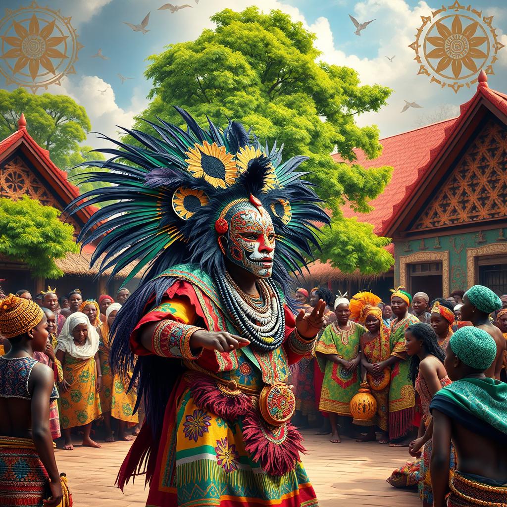 A traditional Igbo masquerade performing in a vibrant village square
