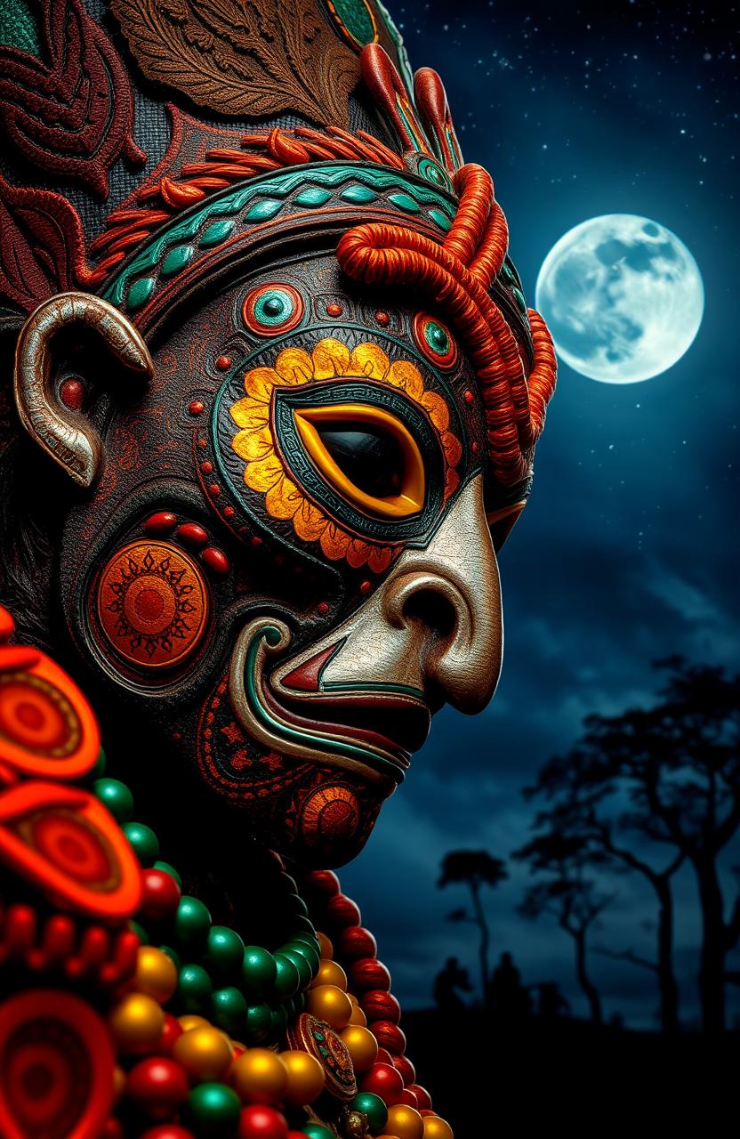 A close-up of an Igbo masquerade, showcasing intricate and vibrant colors on the mask and costume, with detailed textures and patterns