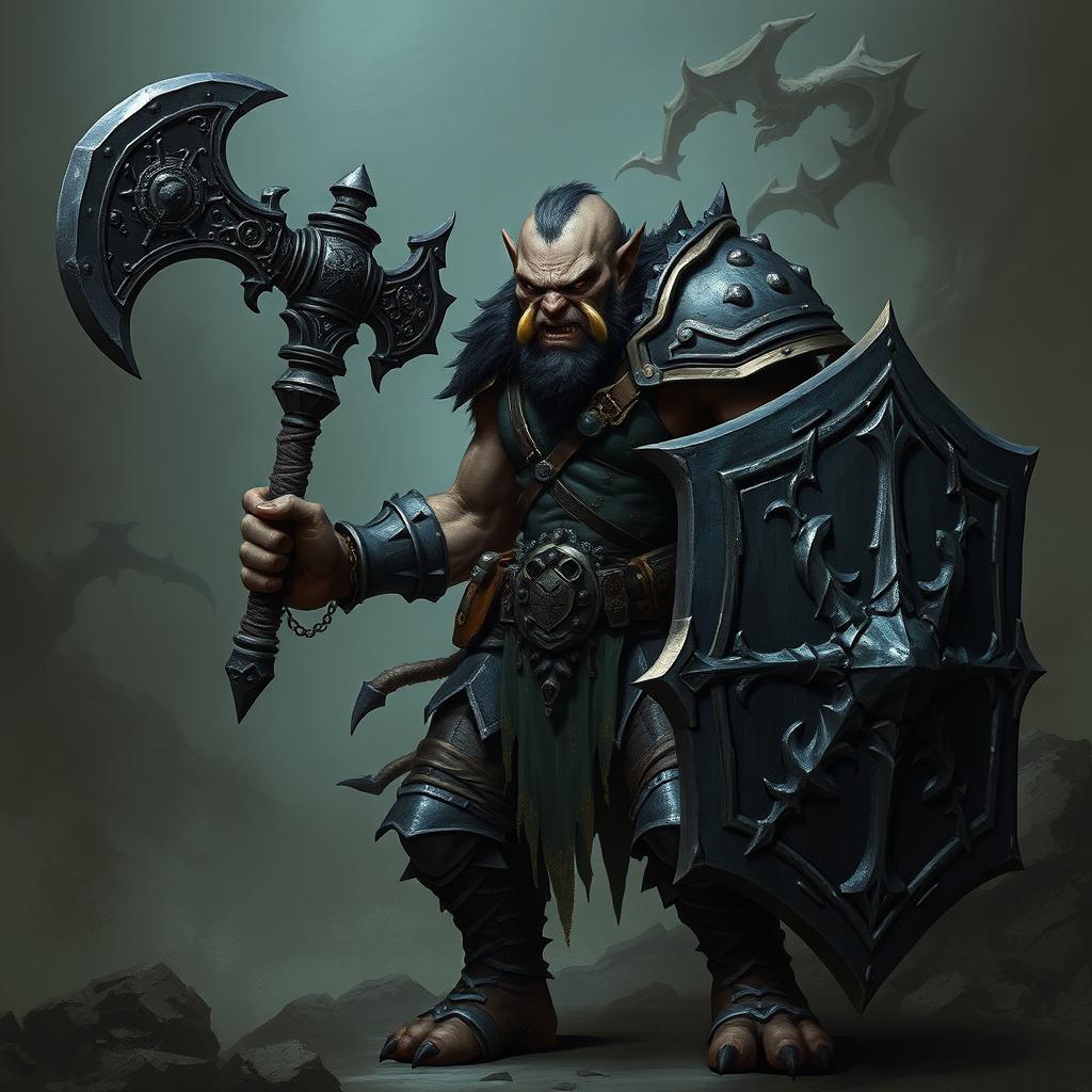 A fearsome and menacing slender half-orc Paladin, humanoid in form, standing in a dark fantasy setting