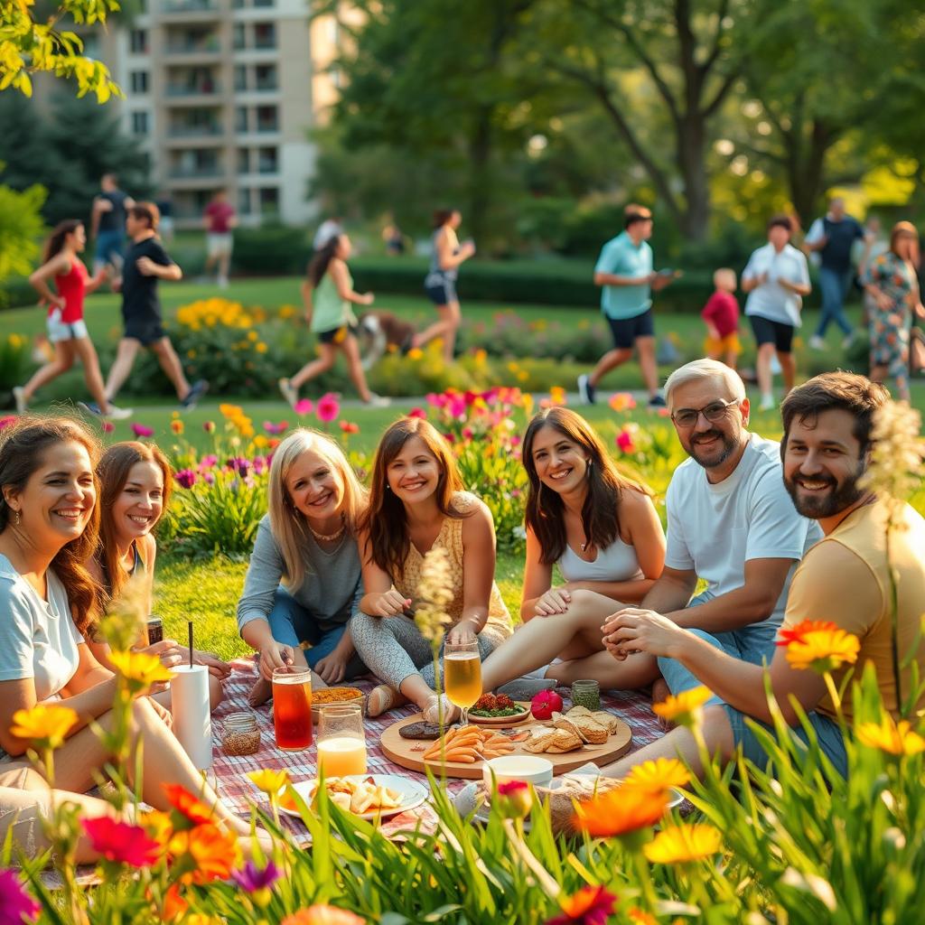 A vibrant urban park scene filled with lush greenery and colorful flowers during the day