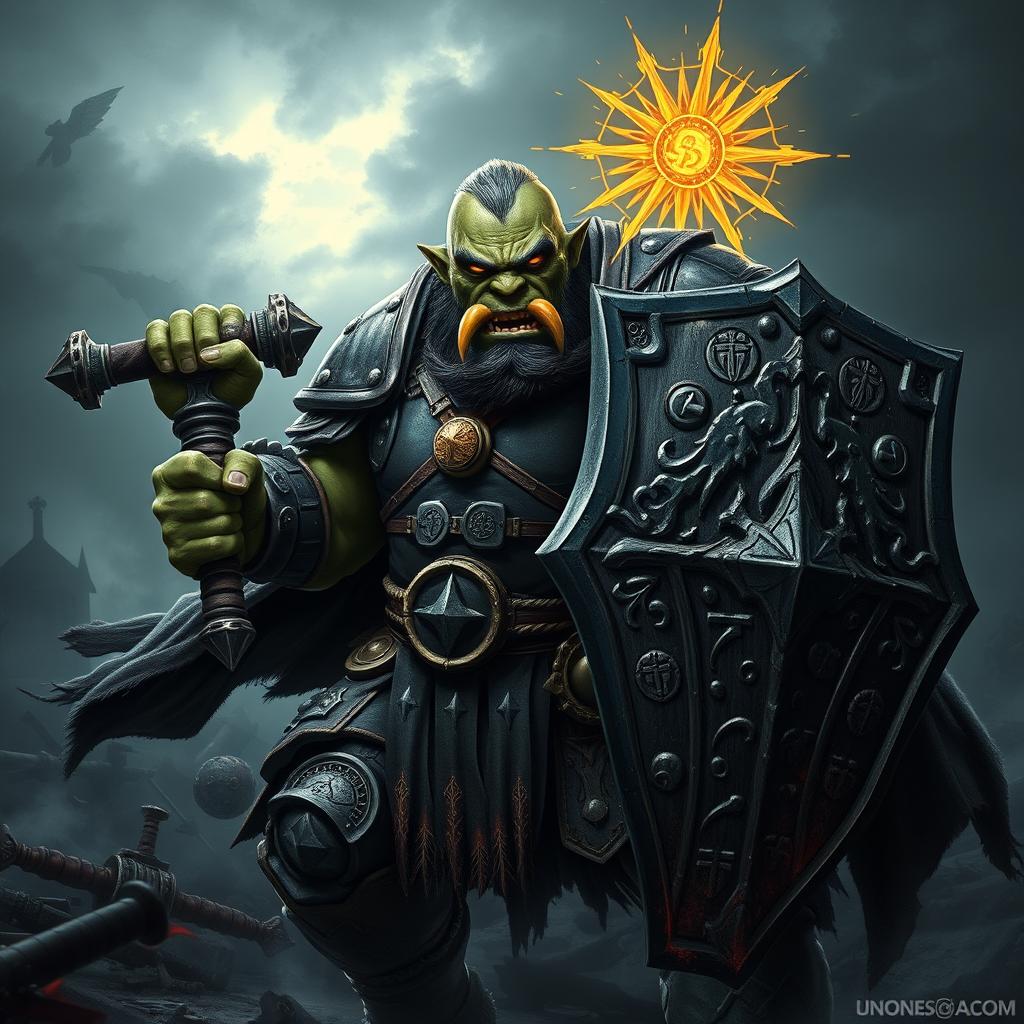 A highly detailed dark fantasy-style image of a half-orc paladin for a Dungeons & Dragons campaign
