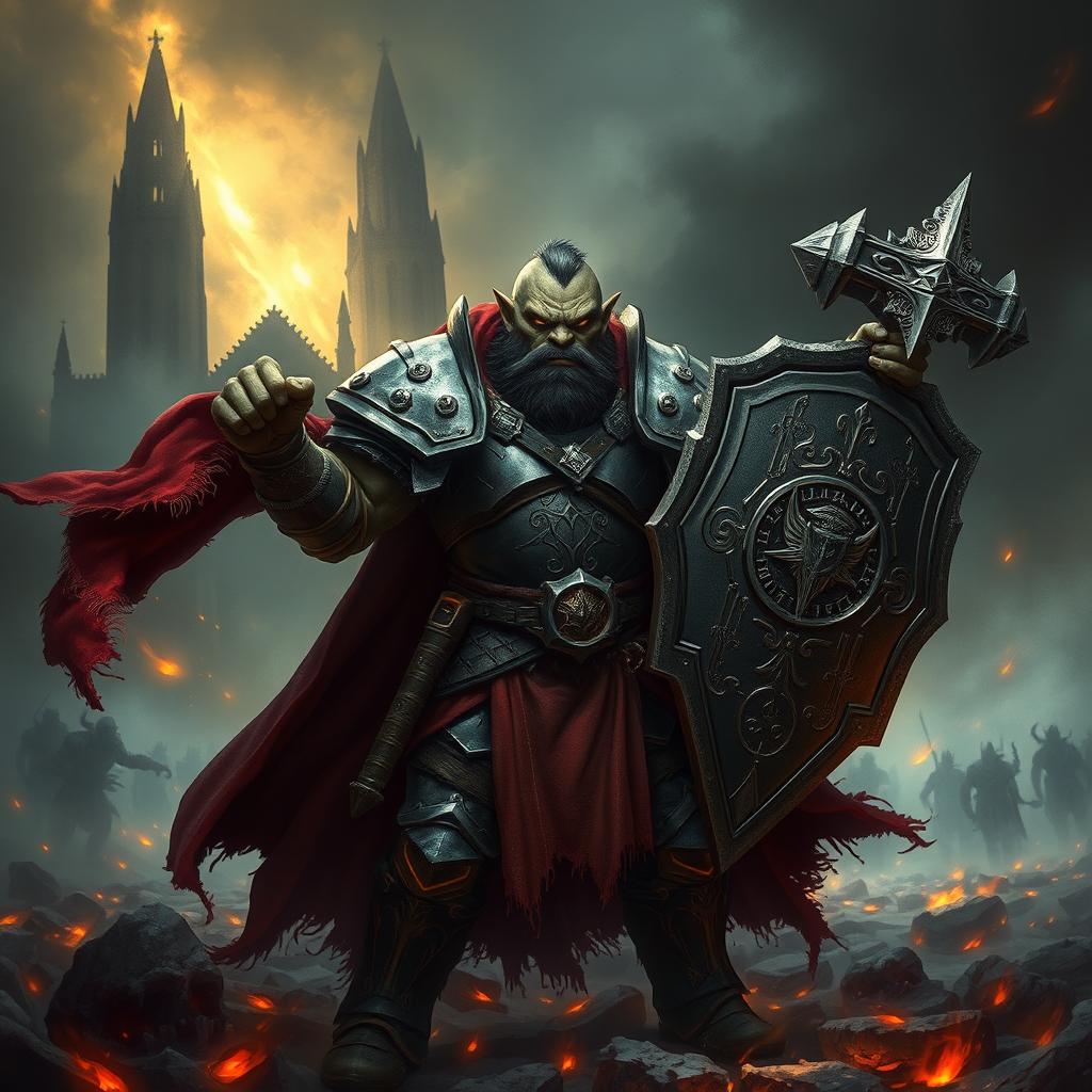 A highly detailed dark fantasy illustration of a Half-Orc Paladin standing in a misty battlefield filled with embers