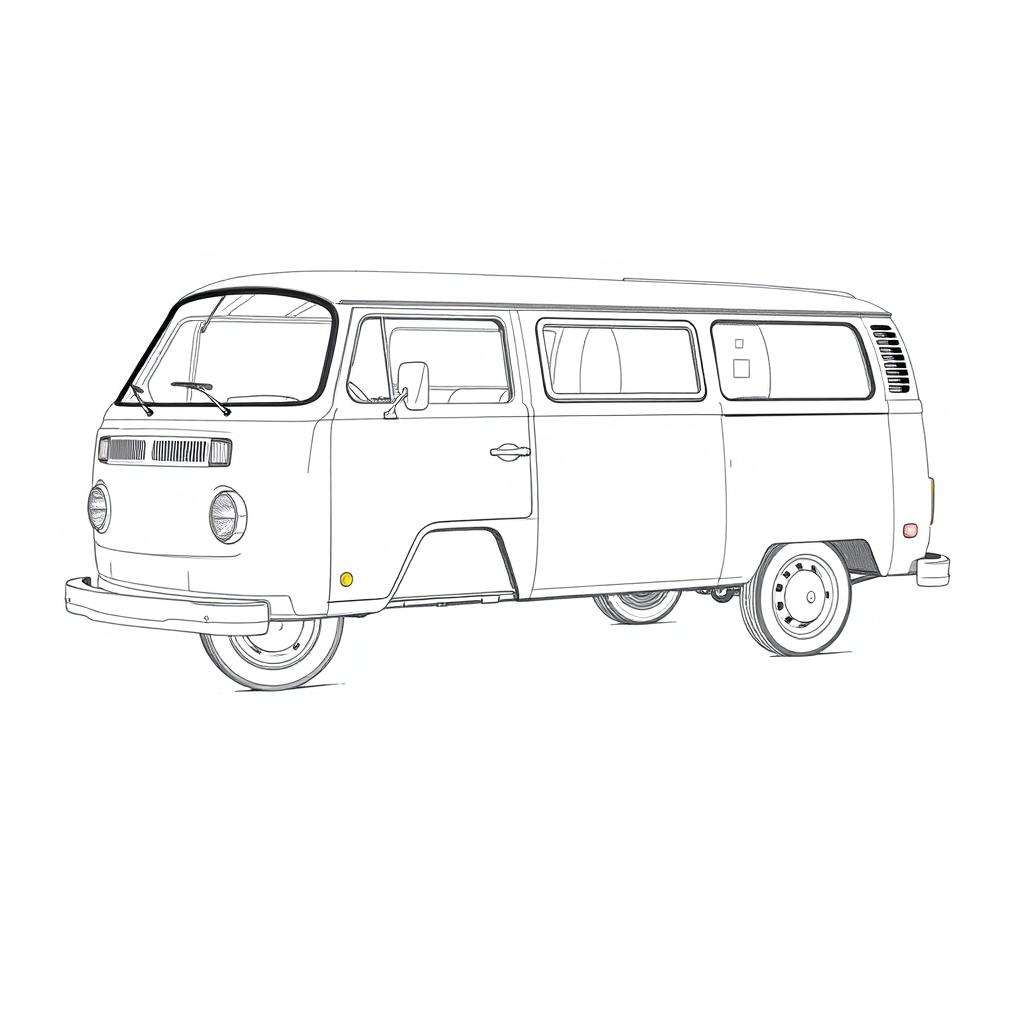 A detailed white sketch of a 1991 Volkswagen Kombi, showcasing its classic design features