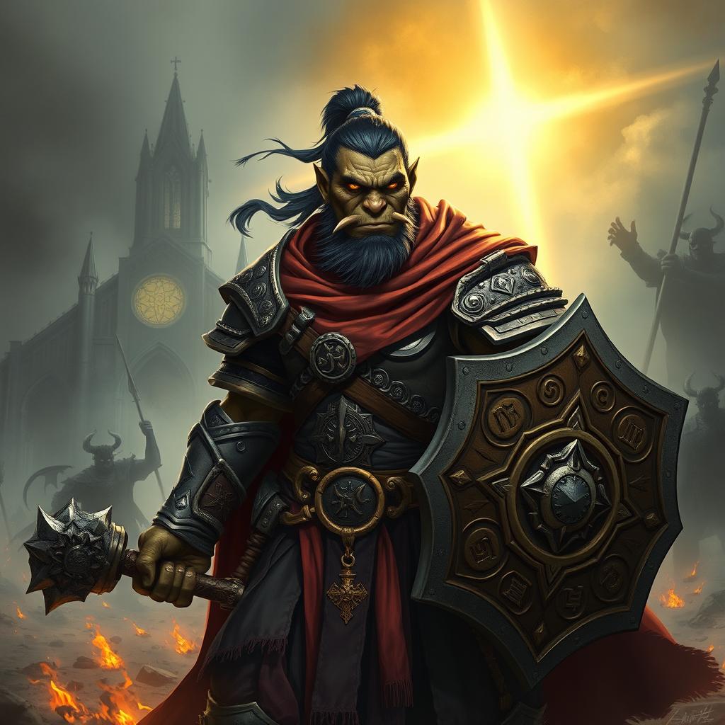 A dark fantasy-style illustration featuring a Half-Orc Paladin with a strong yet noble presence
