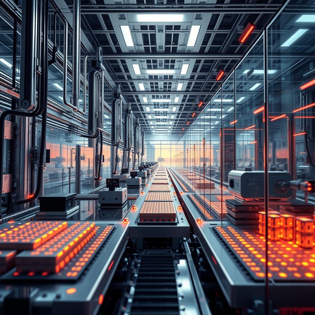 Design a modern and elegant scene focused on lithium-ion technologies and biotechnology, incorporating a manufacturing aspect without any workers present