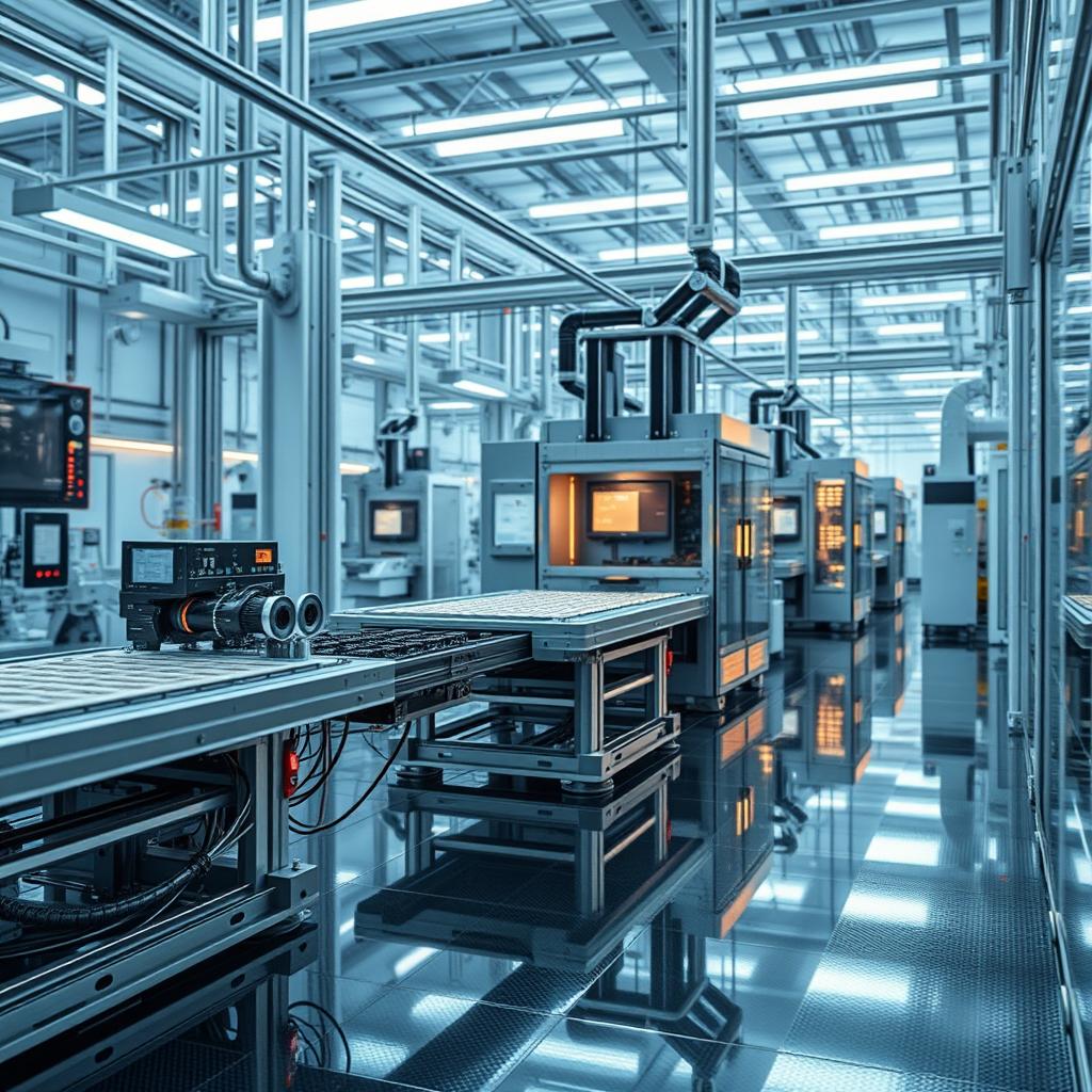 Design a modern and elegant scene focused on lithium-ion technologies and biotechnology, incorporating a manufacturing aspect without any workers present