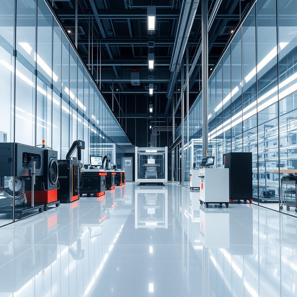 Design a modern and sophisticated scene centered around lithium-ion technologies and biotechnology, incorporating a manufacturing aspect without any workers present