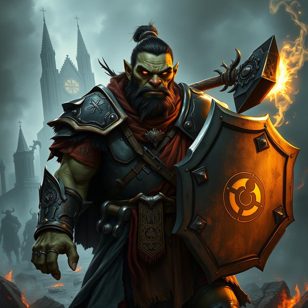 A dark fantasy-style illustration of a Half-Orc Paladin with a strong yet noble presence