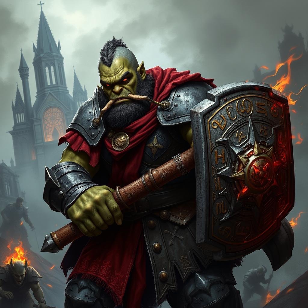A dark fantasy-style illustration of a Half-Orc Paladin featuring a noble, battle-scarred face that appears more human than orcish, complete with faint tusks, striking golden eyes, and weathered greenish-gray skin