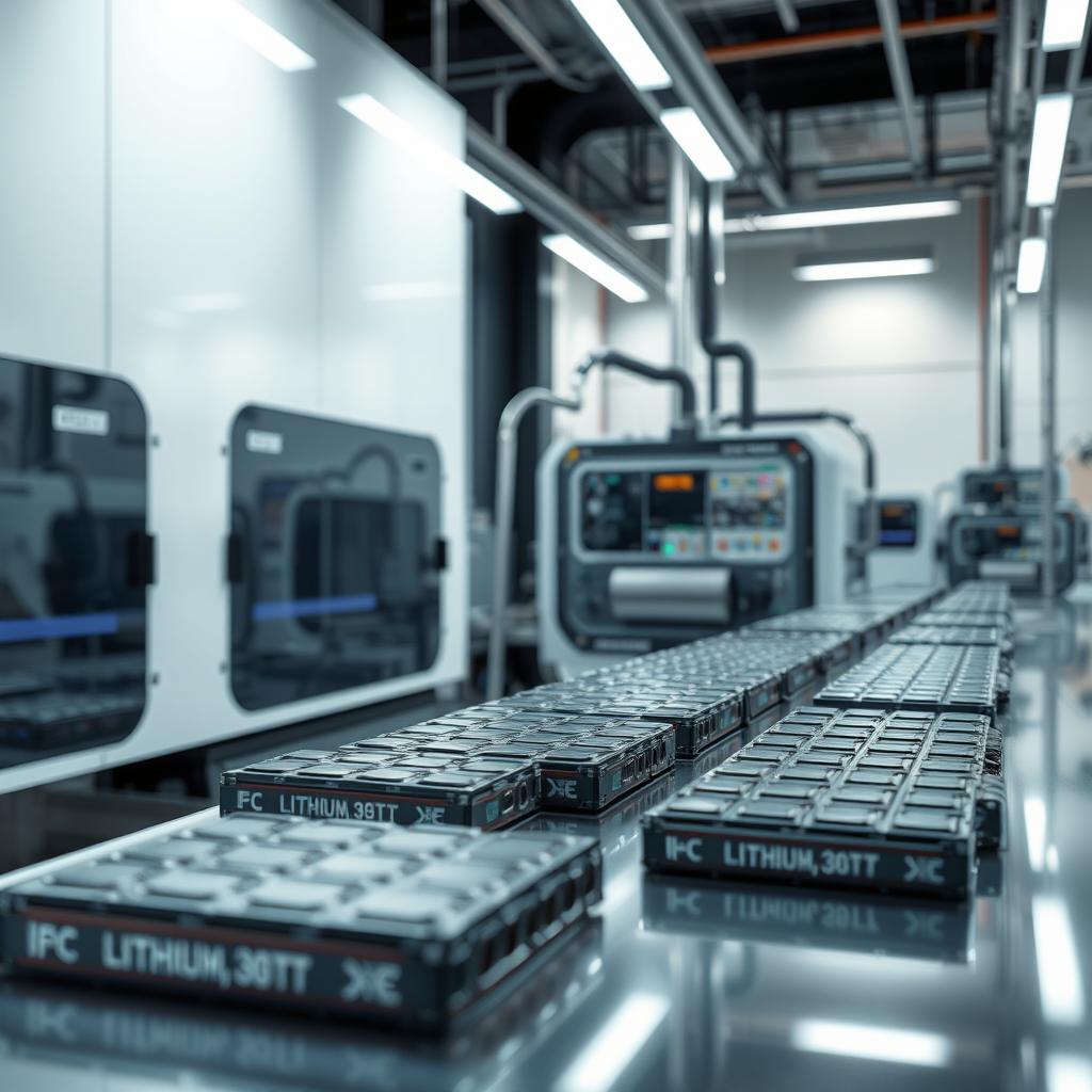 A contemporary and sophisticated scene centered around lithium-ion technology, specifically focusing on the production aspect of battery cells